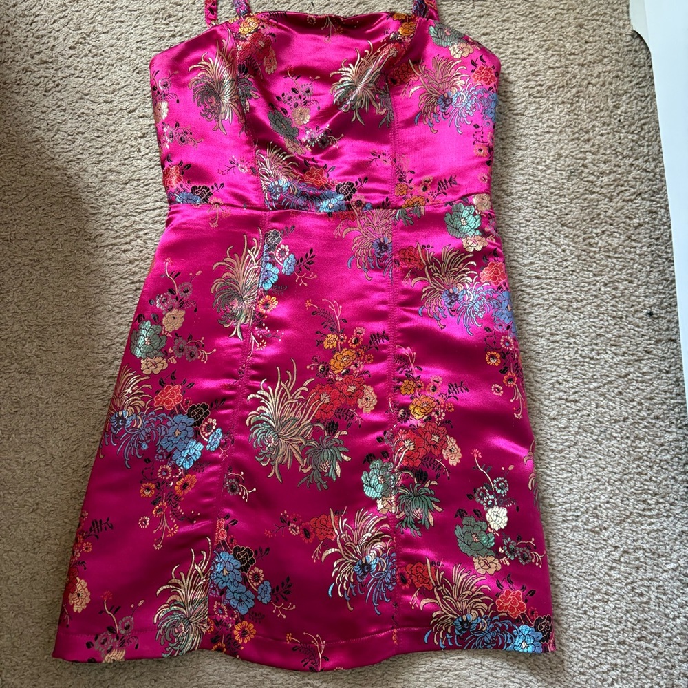 Urban Outfitters Floral Satin Dress in Vibrant Pink